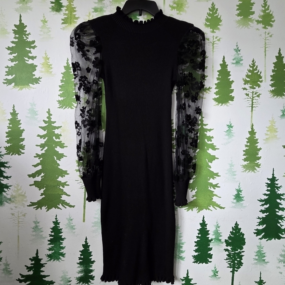 Elegant Black Dress with Sheer Floral Sleeves